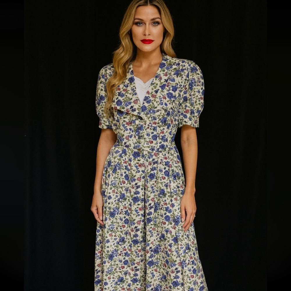 S.L. Fashions Floral Dress with Green and Purple Accents Size MEDIUM